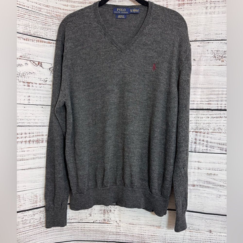 Polo Ralph Lauren Sweater Mens Size XL Gray Merino Italian Wool Knit Custom‎ Fit